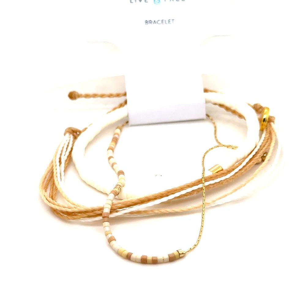 Pura Vida Live Free Bracelet Set Multi Strand Heishi Seed Bead Cream Peach Gold